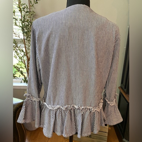 Live a Little Jacket Top Womens LAL White Navy Stripe Bell Cuff SZ Lg - Picture 3 of 6